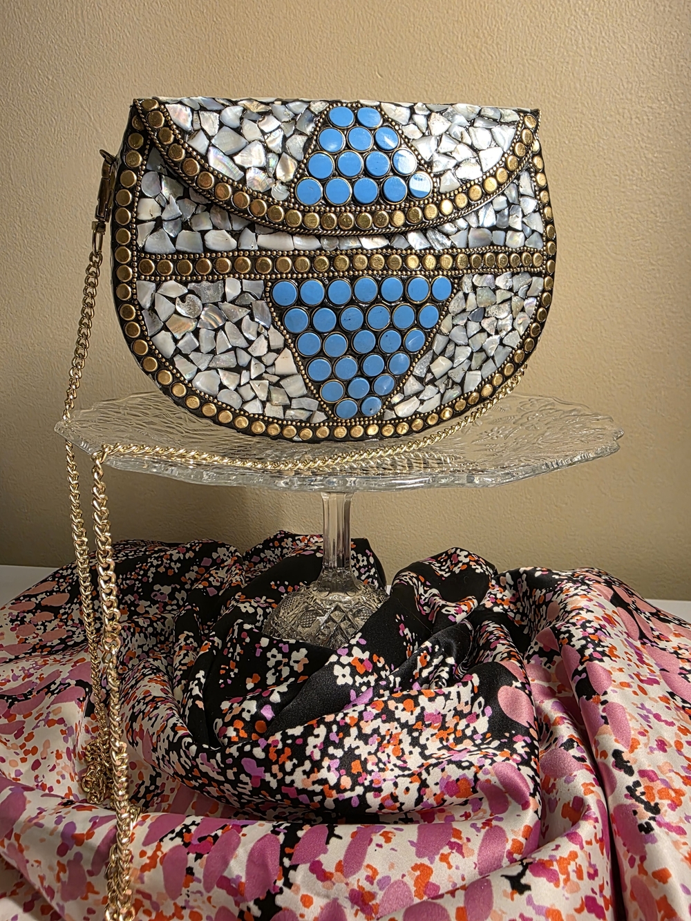 Ramla Handmade Mosaic Semi-Circle Bag Purse Blue/Silver Gold Chain Strap